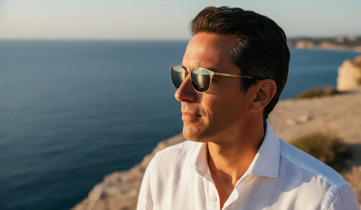 Porteur de verres solaires polarisés Maui Jim sur falaise méditerranéenne, sélection L'Indice Opticien Lunetier à Tours